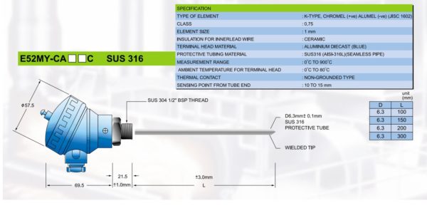 Omron E52MY-CA20C D6.3MM SUS316 Temperature Sensor - Image 2
