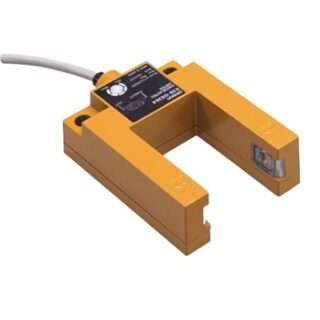 U-shaped orange optical sensor with a black control module on top and a cable, used to detect object presence in a slot.