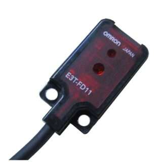 Omron E3T-FD11 through-beam photoelectric sensor with red indicator LEDs and mounting holes on a black housing.