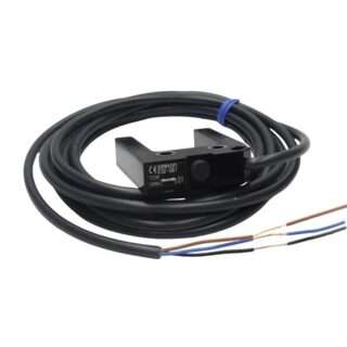 Omron photoelectric sensor with mounting bracket and long cable coil.