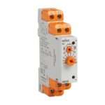 DIN-rail mounted safety relay with orange terminal blocks and a front control dial (SELEC 600SD).
