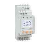 White DIN-rail electronic meter showing a 30.0 A readout on a clear display with orange buttons and multiple terminal screws around the edges.