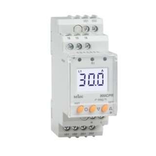 White DIN-rail electronic meter showing a 30.0 A readout on a clear display with orange buttons and multiple terminal screws around the edges.
