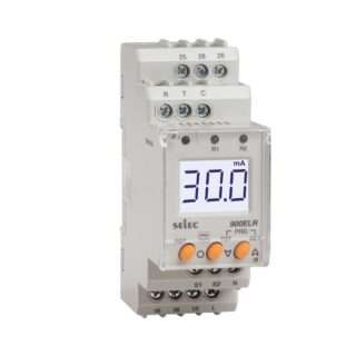 Digital ammeter module displaying 30.0 mA with orange adjustment buttons and screw terminals labeled R, T, C at the top and bottom rail connections.