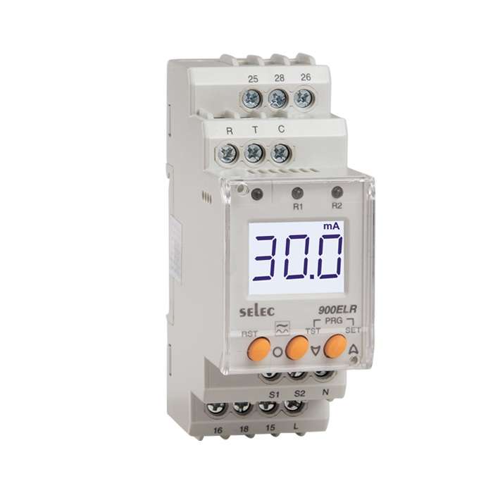 Digital ammeter module displaying 30.0 mA with orange adjustment buttons and screw terminals labeled R, T, C at the top and bottom rail connections.