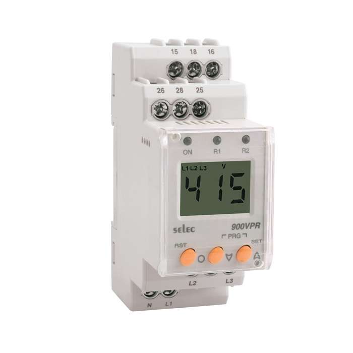 White programmable timer relay with digital LCD display and orange control buttons for setting timing parameters.