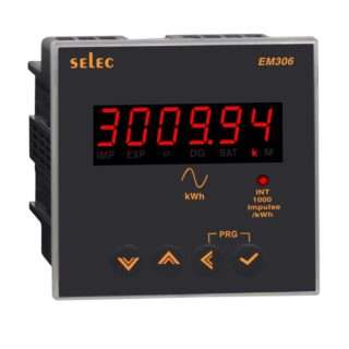 SELEC EM306 power meter with red LED display showing 3009.94 kWh and orange control indicators, plus four navigation buttons.