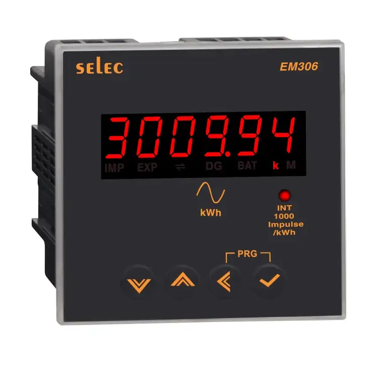 SELEC EM306 power meter with red LED display showing 3009.94 kWh and orange control indicators, plus four navigation buttons.