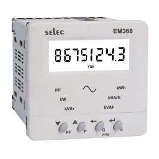 Selec EM368 digital energy meter with a large LCD readout and control buttons on a white panel