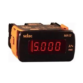 Compact Selec MA12 digital panel meter with a red LED display reading 16.000 (electrical measurement device).