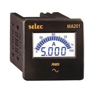 SELEC MA201 RMS digital current meter showing 5.000 A on the display.