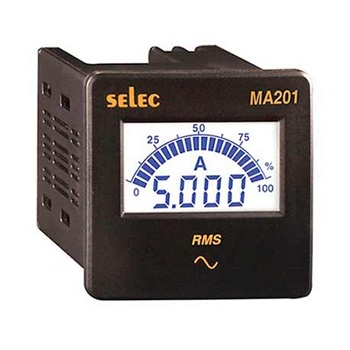 SELEC MA201 RMS digital current meter showing 5.000 A on the display.
