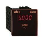 Red digital panel ammeter displaying 15.000 A RMS, Selec MA202.