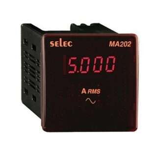 Red digital panel ammeter displaying 15.000 A RMS, Selec MA202.