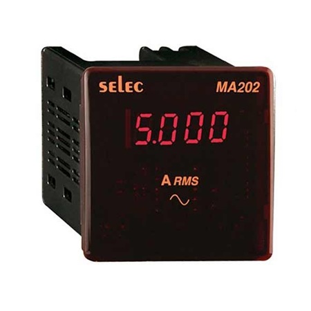 Red digital panel ammeter displaying 15.000 A RMS, Selec MA202.