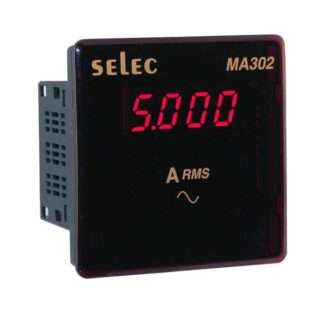 Digital panel ammeter showing 5.000 A RMS (SELEC MA302) on a black front panel with red LED readout