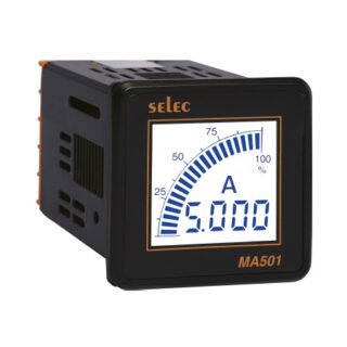 Digital ammeter display showing 5.000 A, blue arc gauge, Selec MA501 panel meter.