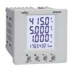 Digital panel power meter showing voltage 415.0 V, current 5.000 A, energy 1,765,432 kWh (Selec MFM383A).