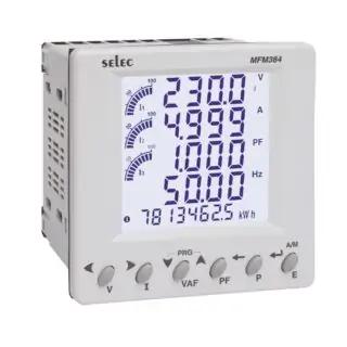 Digital Selec MFM384 power meter showing 230.0 V, 4.999 A, PF 1.000, 50.00 Hz, energy reading.