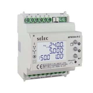 White Selec digital energy meter module (MFM384-R-C) with blue backlit display showing electrical parameters; green terminal blocks on top and bottom for connections, used to monitor voltage, current, and power in a control panel.