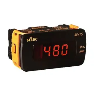 Compact digital panel meter with a red LED display showing '480', used to measure voltage.