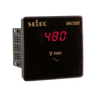 Digital panel voltmeter by Selec (MV305) displaying 480 V RMS in red LED digits