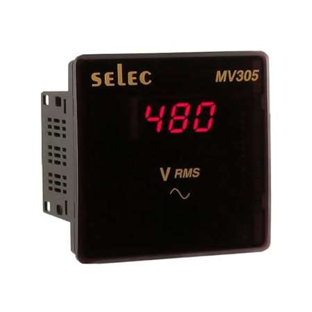 Digital panel voltmeter by Selec (MV305) displaying 480 V RMS in red LED digits