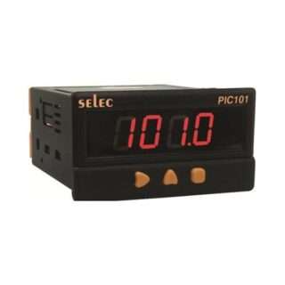 SELEC PIC101 digital panel meter displaying 101.0 with orange buttons on a black housing