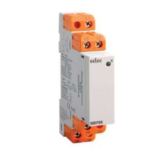 DIN-rail mounted electrical module with orange terminal blocks (L1, L2, L3) and a green status LED.