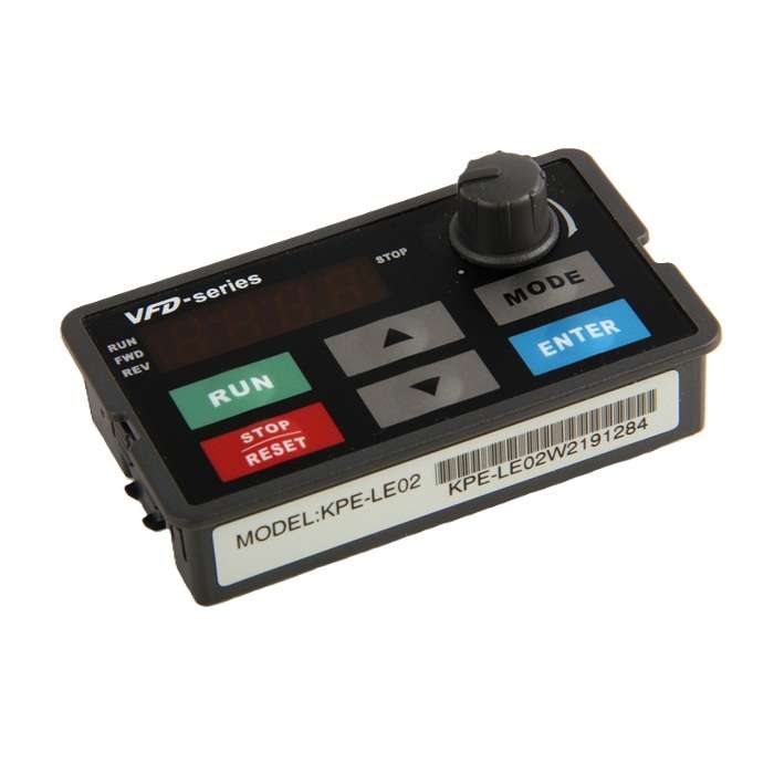 VFD-series control keypad with RUN (green), STOP/RESET (red), MODE and ENTER buttons, arrow keys, and a top knob; model KPE-LE02 visible on the side.