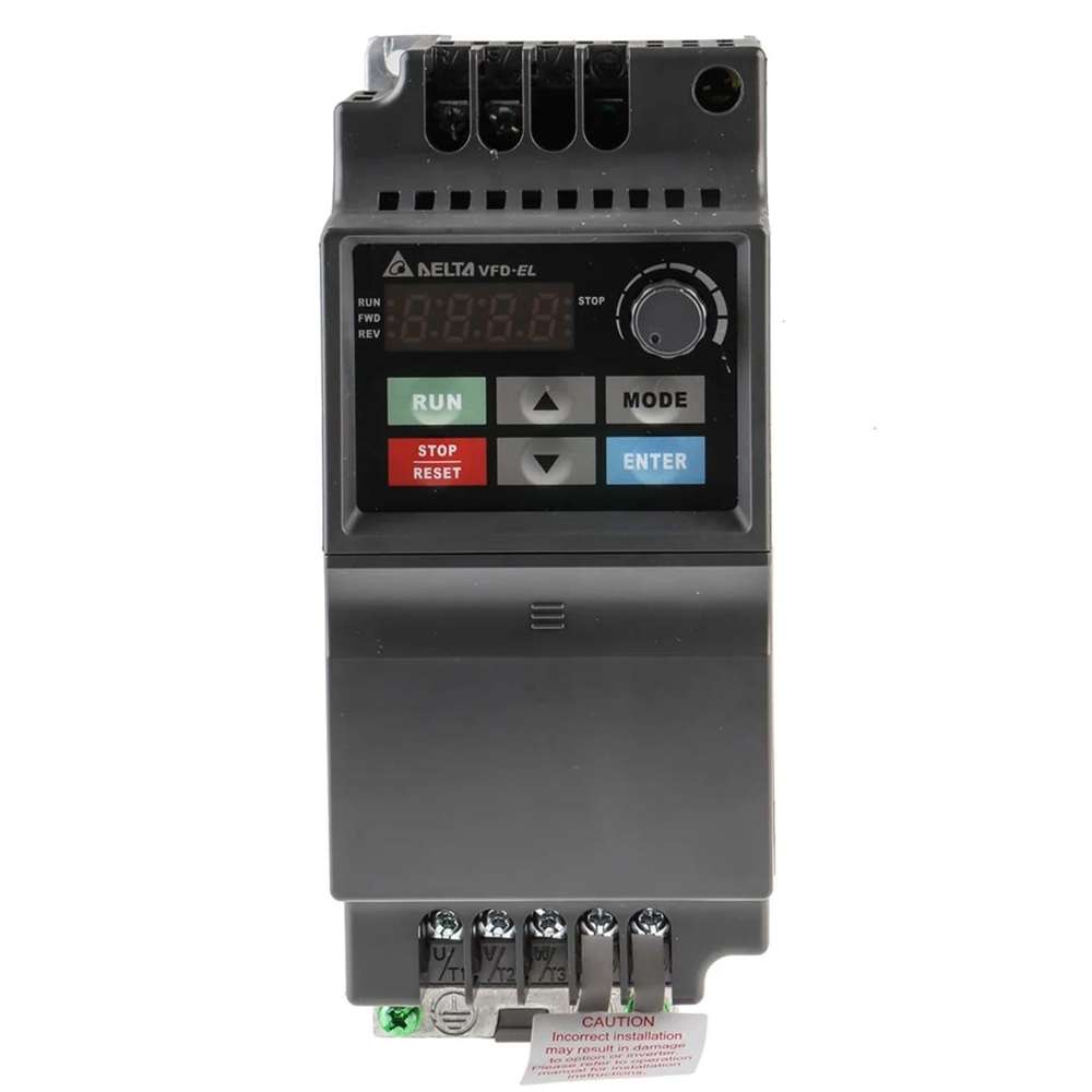 Delta VFD-EL variable frequency drive controller for motor speed control with Run/Stop/Mode/Enter buttons (industrial device).