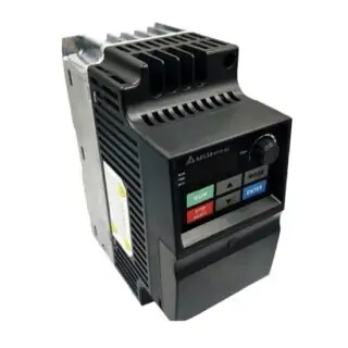 Delta VFD-04 variable frequency drive with front panel controls (Run, Stop, Mode, Enter) for motor speed control.
