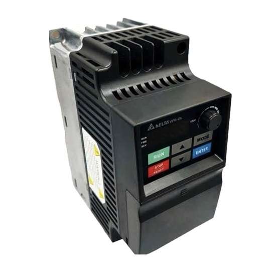 Delta VFD-04 variable frequency drive with front panel controls (Run, Stop, Mode, Enter) for motor speed control.