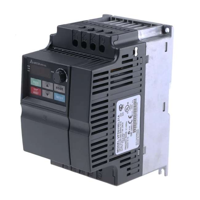 Delta VFD-EL variable frequency drive unit with a digital display and control buttons (Run/Stop/Mode) on the front panel, viewed from a front-right angle.