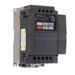 VFD (variable frequency drive) unit with control panel, mode and stop buttons, and terminal block on top and bottom for wiring.