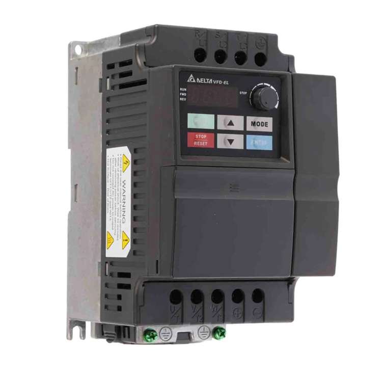 VFD (variable frequency drive) unit with control panel, mode and stop buttons, and terminal block on top and bottom for wiring.