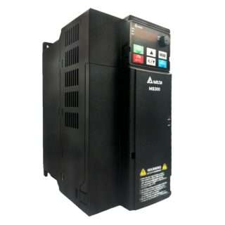 Delta MS300 servo drive with RUN green button, STOP/RESET red button and other control keys on a black panel