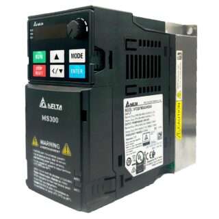 Delta MS300 servo drive unit featuring a control panel with RUN, STOP/RESET, MODE and ENTER buttons and a warning label on the front panel, used for motion control.