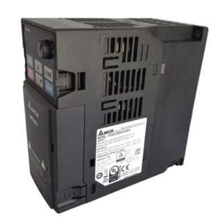 Delta brand variable frequency drive (VFD) for motor control, vented housing with control panel and label on the front left side.