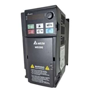 Delta MS300 motor drive with front-panel controls (RUN, STOP/RESET, MODE) and warning label on the lower section.