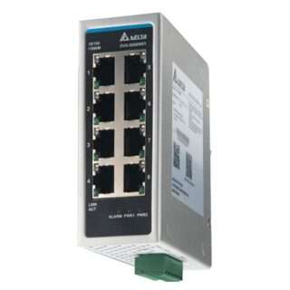 Delta industrial Ethernet switch with eight RJ-45 ports, status LEDs, and a green terminal block at the bottom.